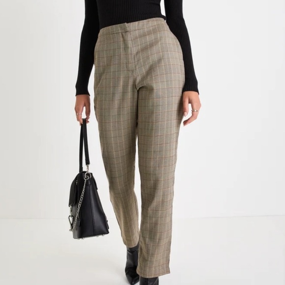 Lulus Excellent Poise High Rise Trousers Plaid Tapered Size Large Tan Black Gray - Picture 1 of 11